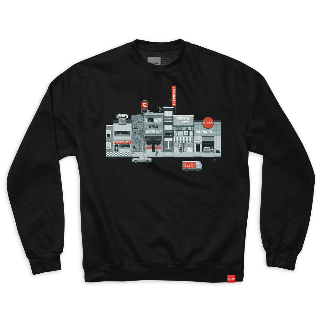 Chocolate Pixel City Crew Fleece Black.png